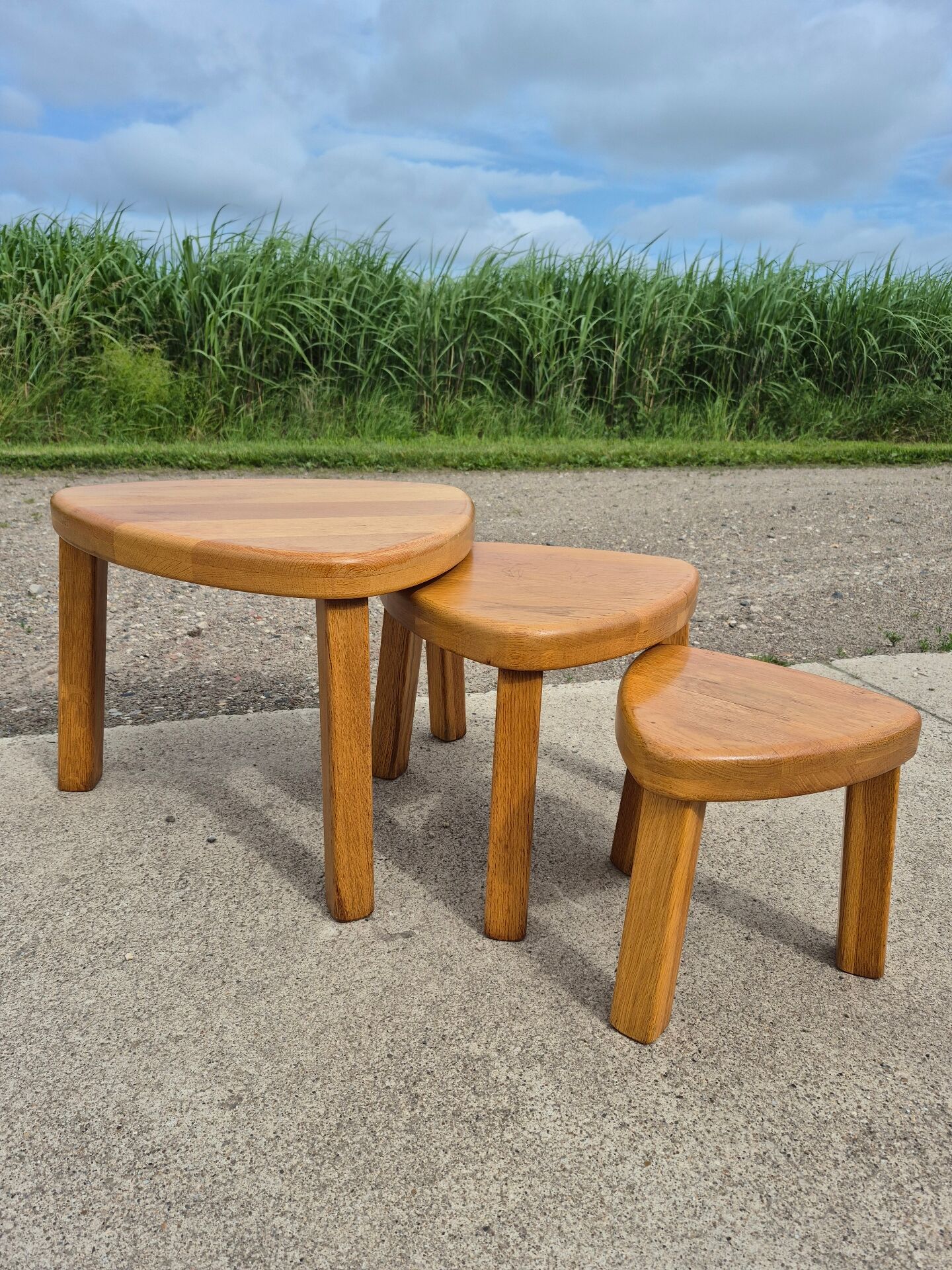 Set 3 Vintage brutalist oak side nesting tables triangular