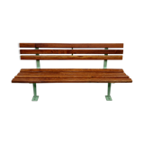 Restored and varnished garden bench in hardwood and olive green metal