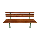 Banc de jardin restauré et verni en bois dur et métal vert olivier