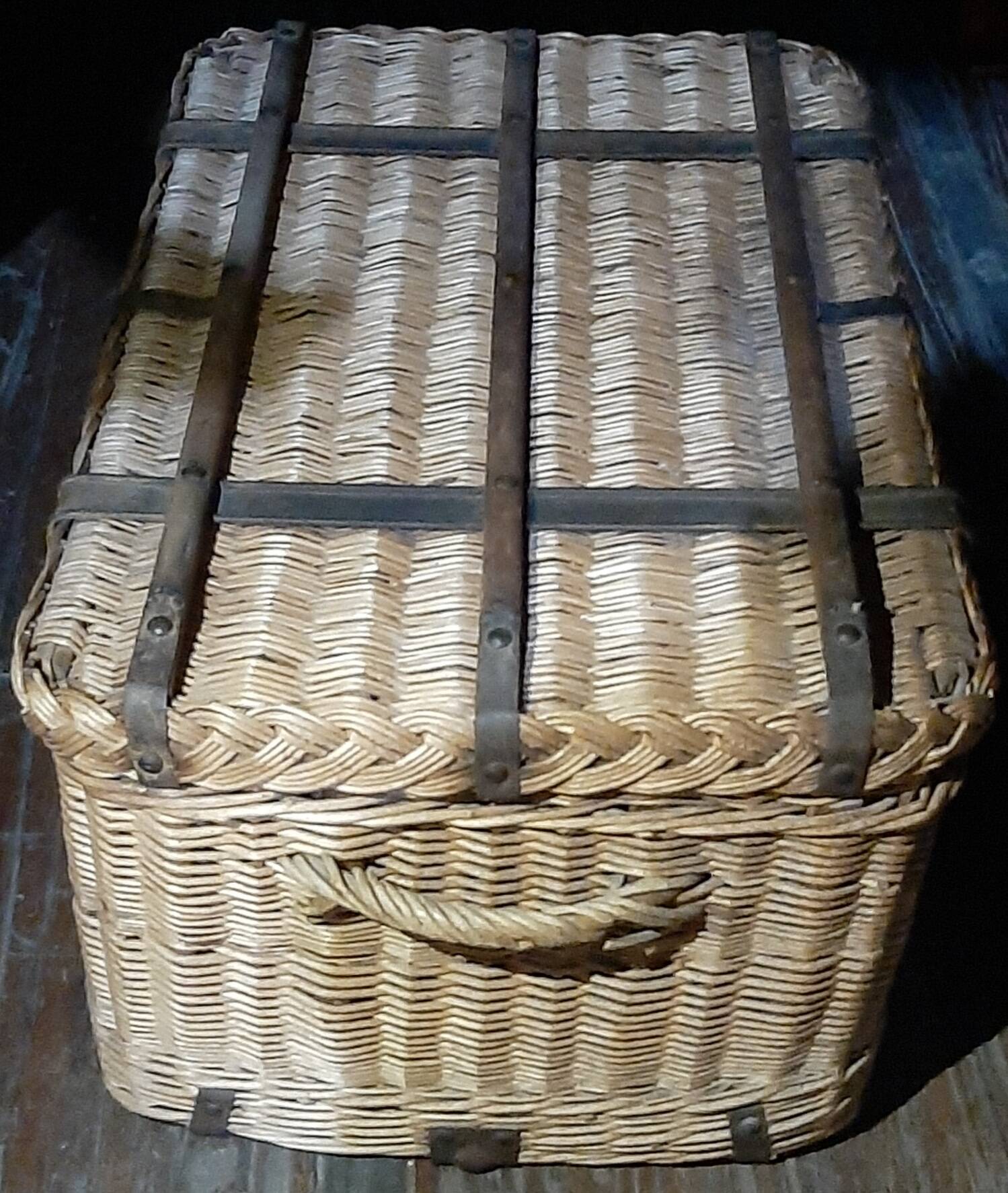 OLD WICKER STEEL AND WOOD TRAVEL TRUNK