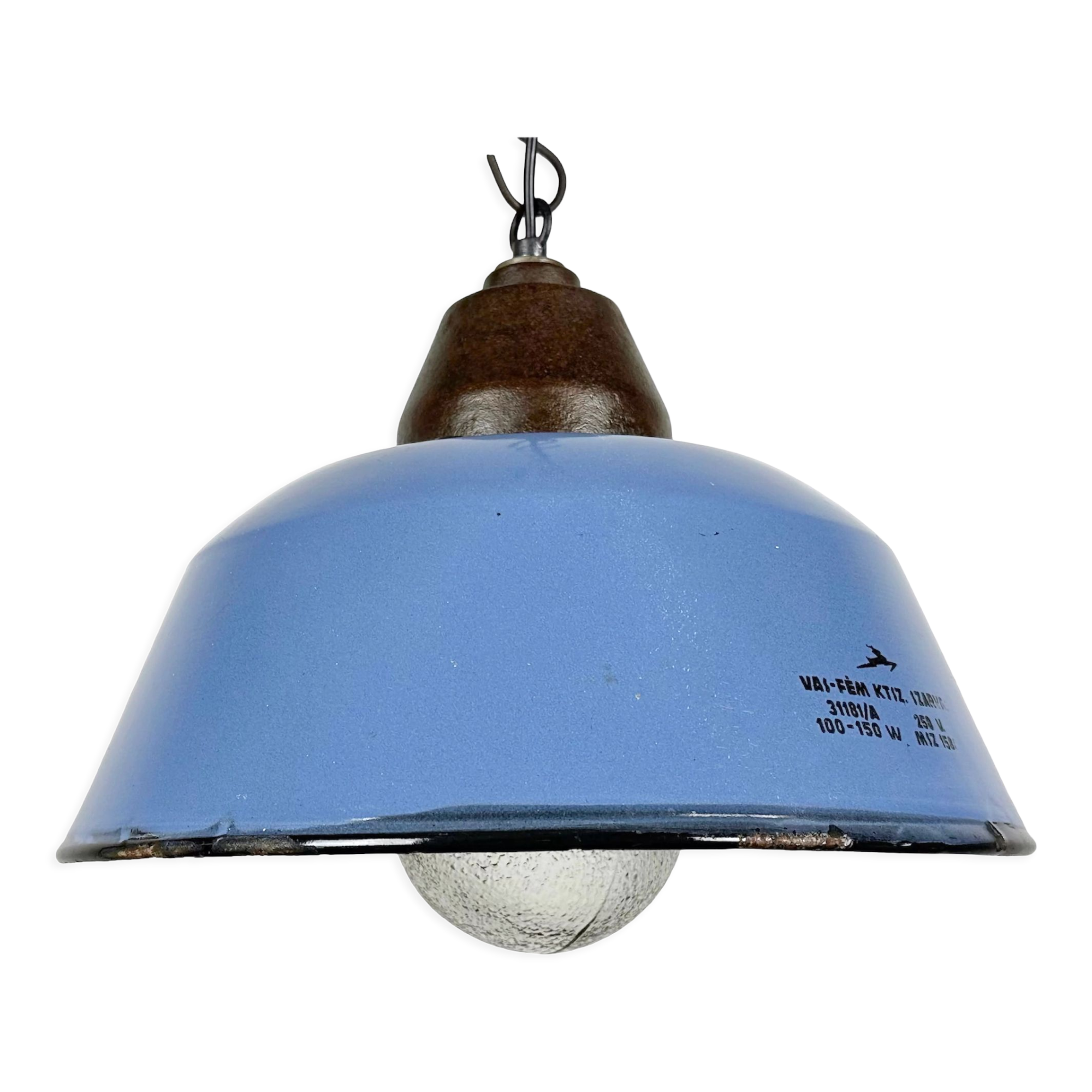 Industrial Blue Enamel and Cast Iron Pendant Light with Glass Cover, 1960s