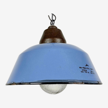 Industrial Blue Enamel and Cast Iron Pendant Light with Glass Cover, 1960s