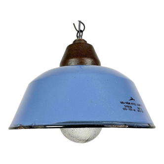 Suspension industrielle en émail bleu et fonte avec couvercle en verre, années 1960