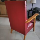Fauteuil scandinave pieds compas bois et Skaï