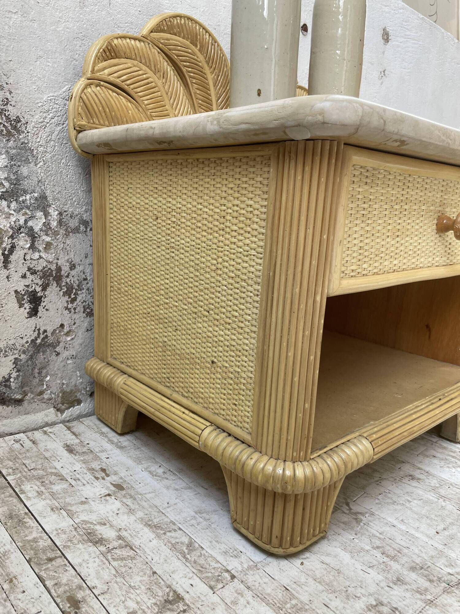 Pair of travertine bedside and rattan palm tree "vivai del sud"