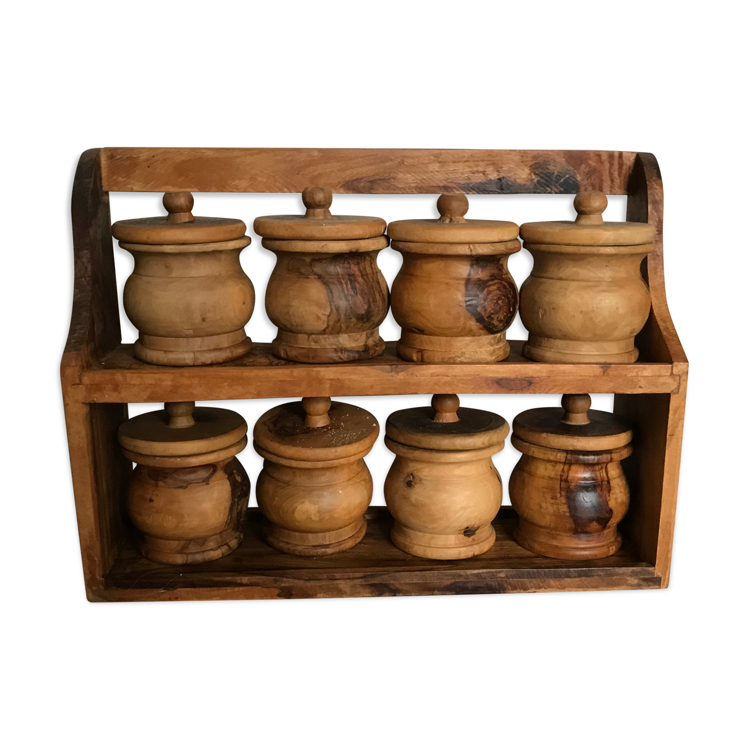 Spice shelf and olive wood pots