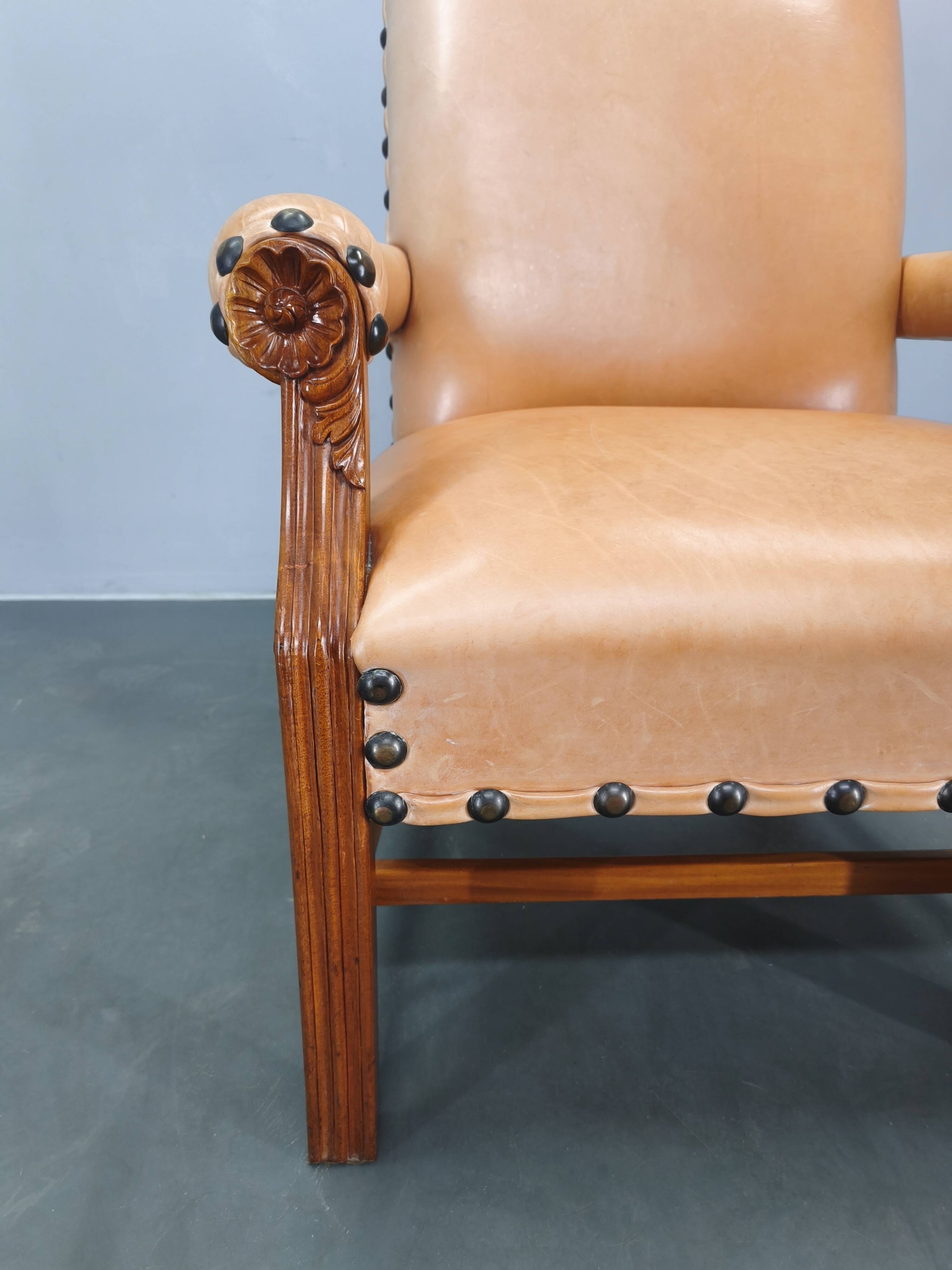 Antique Danish Leather Armchair Carved Wood Club Chair, Early 1900s