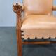 Antique Danish Leather Armchair Carved Wood Club Chair, Early 1900s