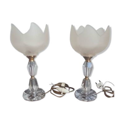 Paire de lampes de table vintage en cristal taillé et tulipe en verre