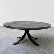1970s round slate stone mosaic coffee table with sculptural metal base