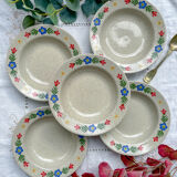 5 soup plates in speckled beige stoneware with floral pattern Tulowice Poland 1970