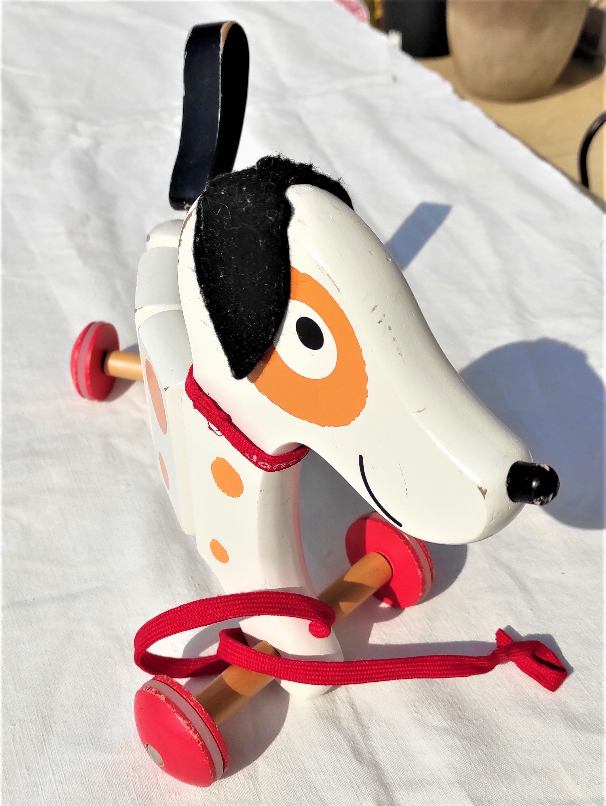 Jouet chien à tirer et articuler janod en bois peint vintage