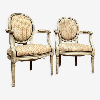 Pair of Armchairs with Back Medallion Lacquered Wood Louis XVI Style XIX Century
