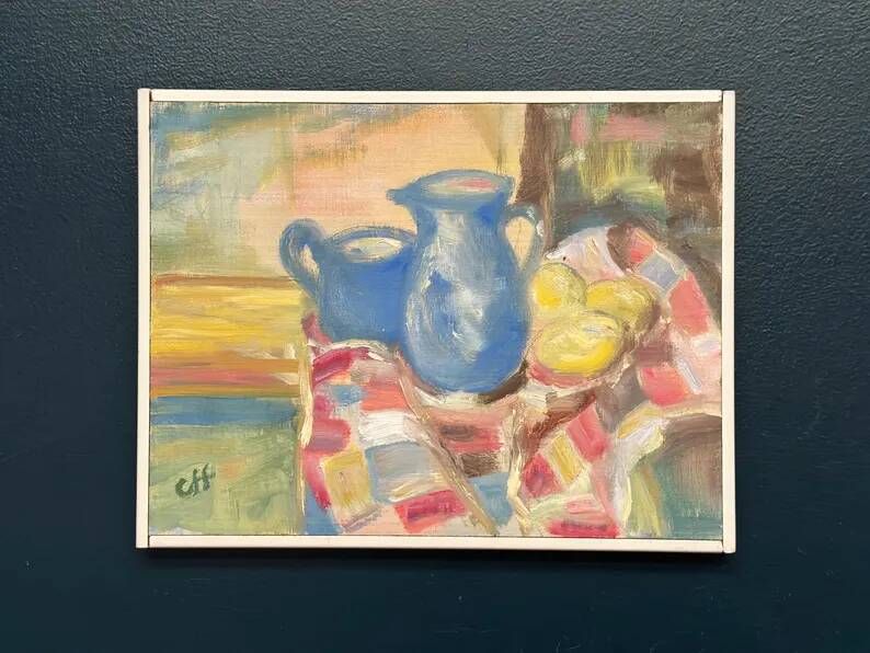 Original Swedish Oil on Panel – “Blue Pitchers and Lemon” by Off – Signed – Vintage and Framed – 37 × 29 cm (14.6 in × 11.4 in)