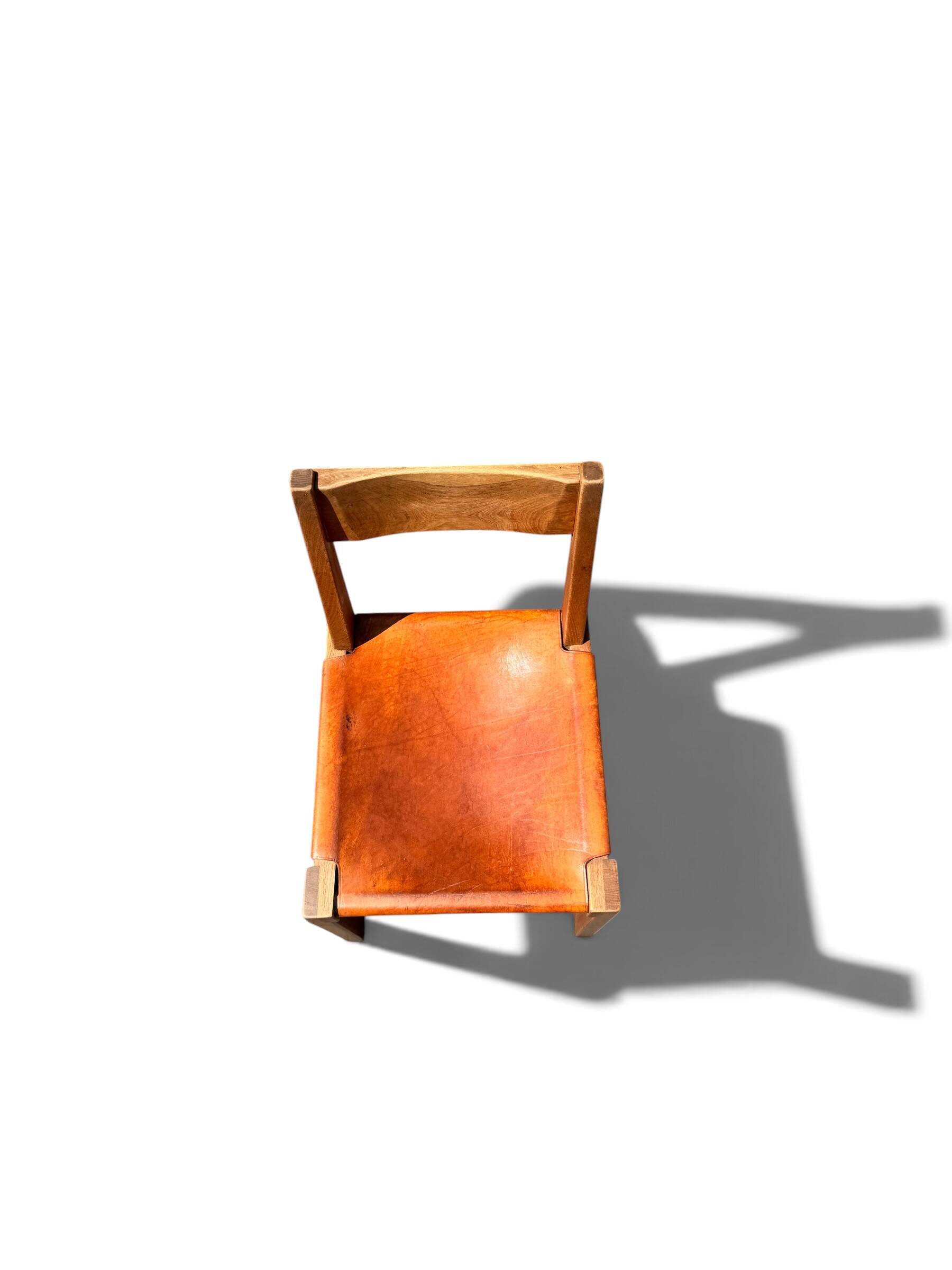 Chair S24 Pierre Chapo - Solid Elm & Cognac Leather Brutalist