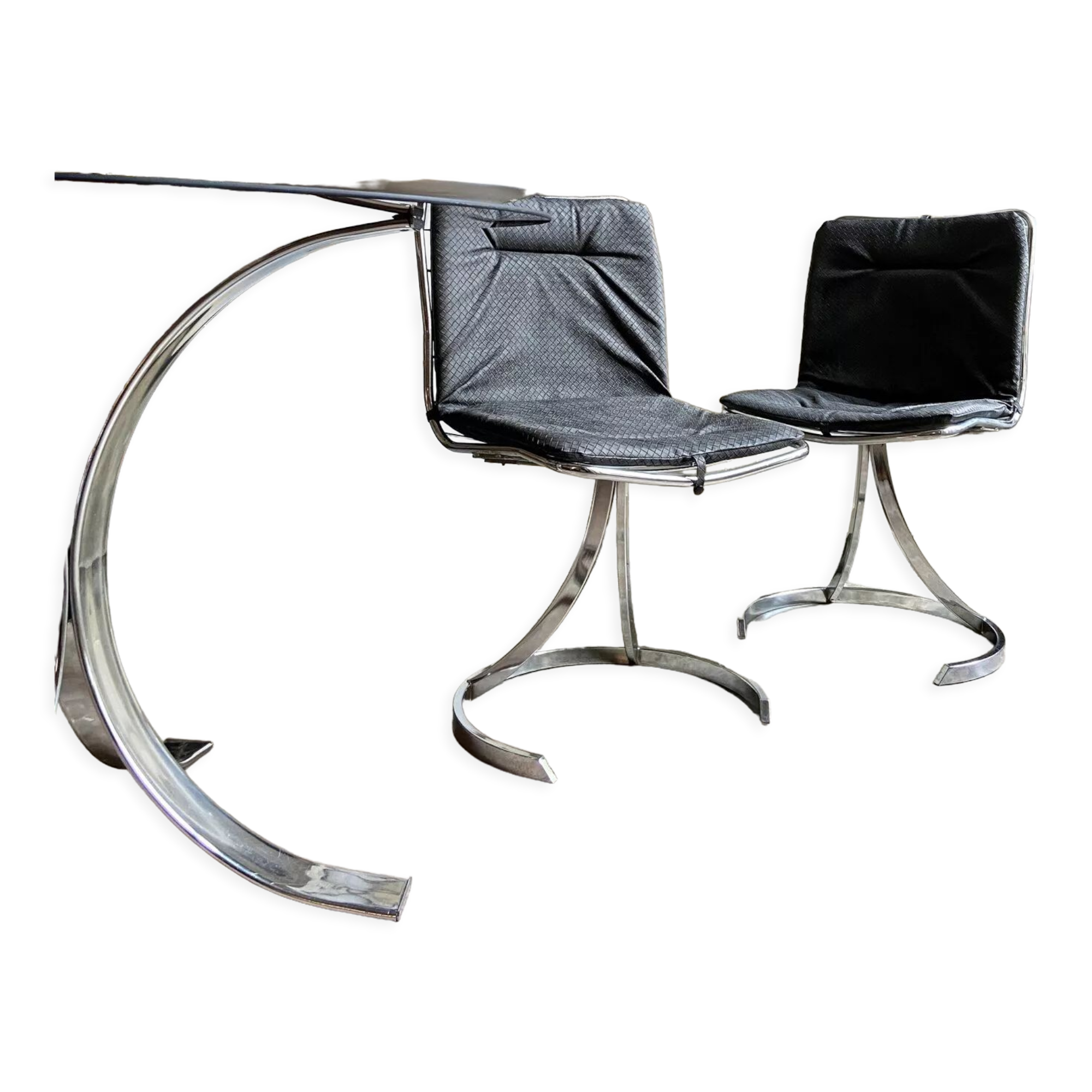 2 chairs in chromed metal and black woven skaï 1970s