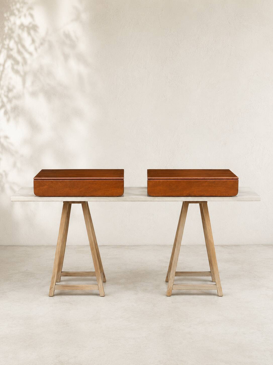 Pair of modernist wooden wall-mounted bedside tables – 1960s