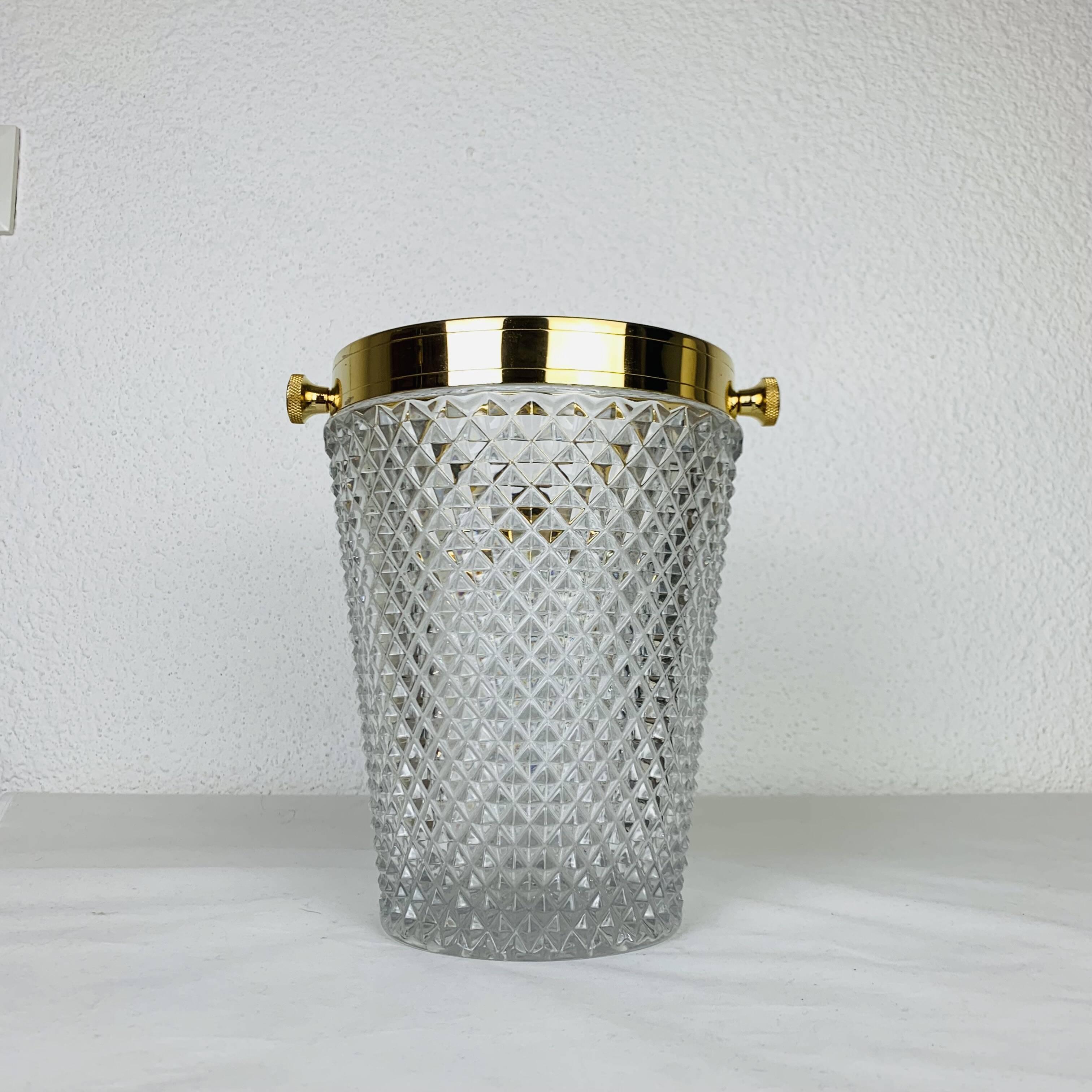 Hollywood regency cut crystal and gold metal champagne bucket