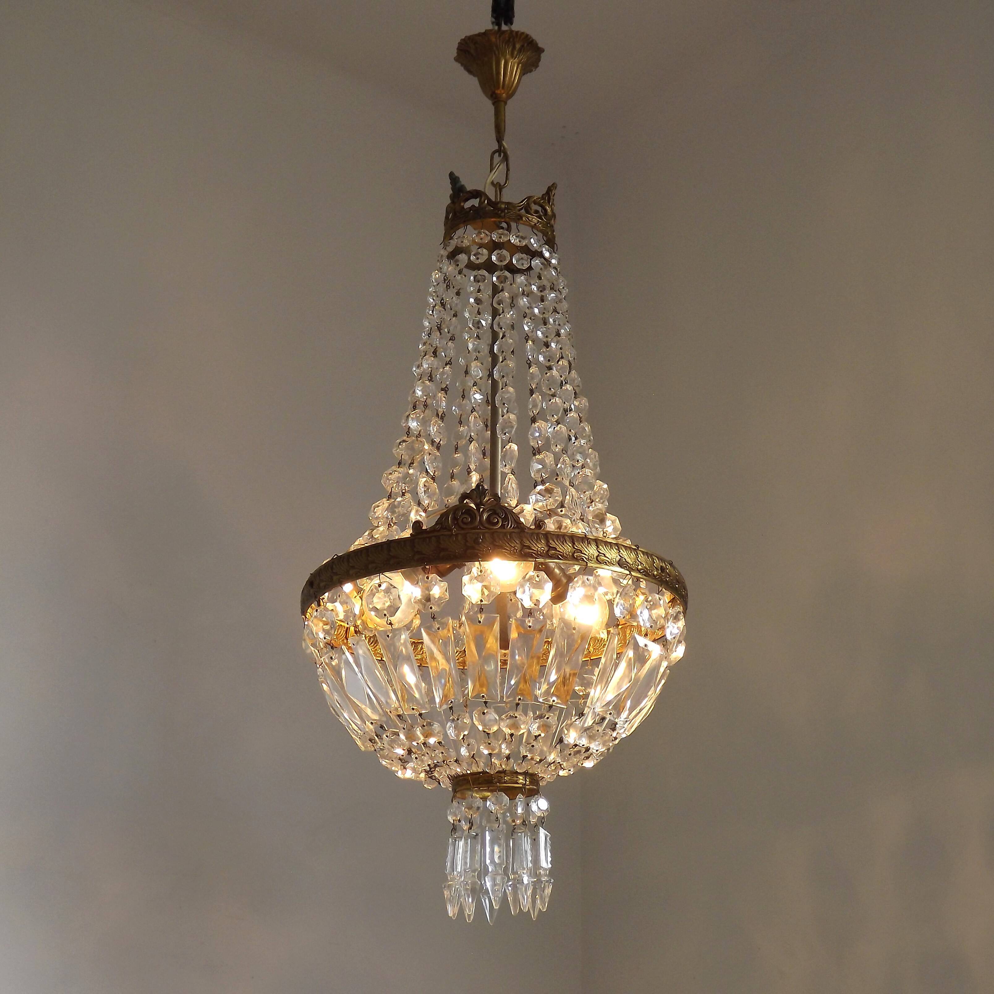 French Empire Style 3 Light Bronze Montgolfier Crystal Basket Chandelier