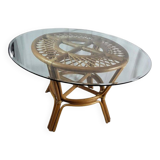Table with rattan legs and glass top, 1970