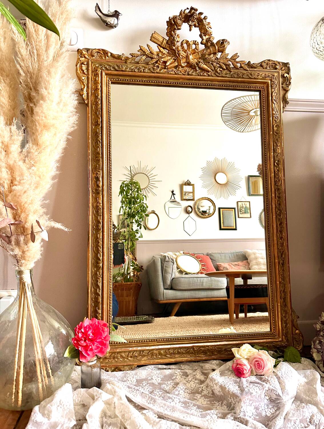 Antique gilded wood fireplace trumeau mirror 125x80