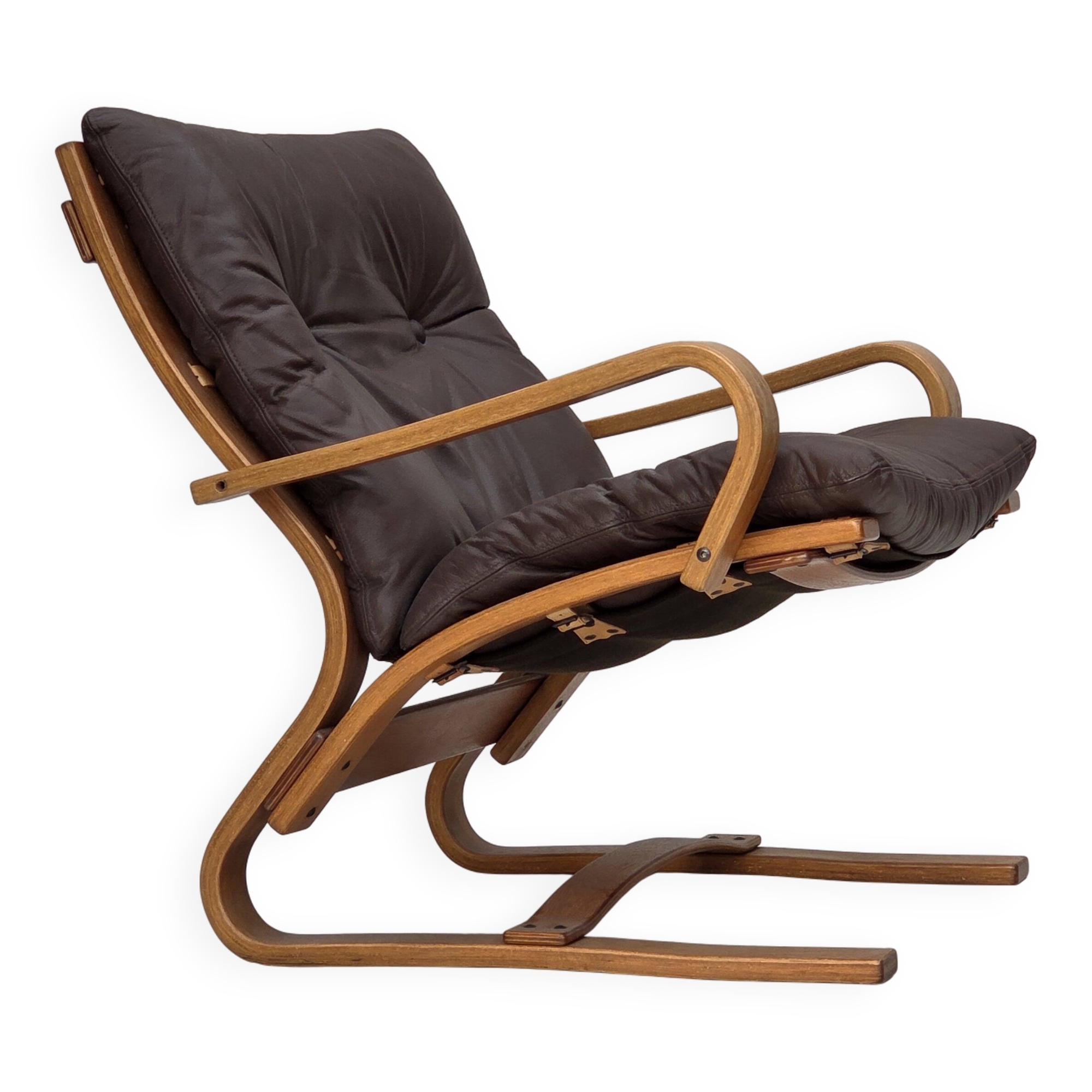 1970s, Danish armchair by Komfort, furniture leather, canvas, bent wood.