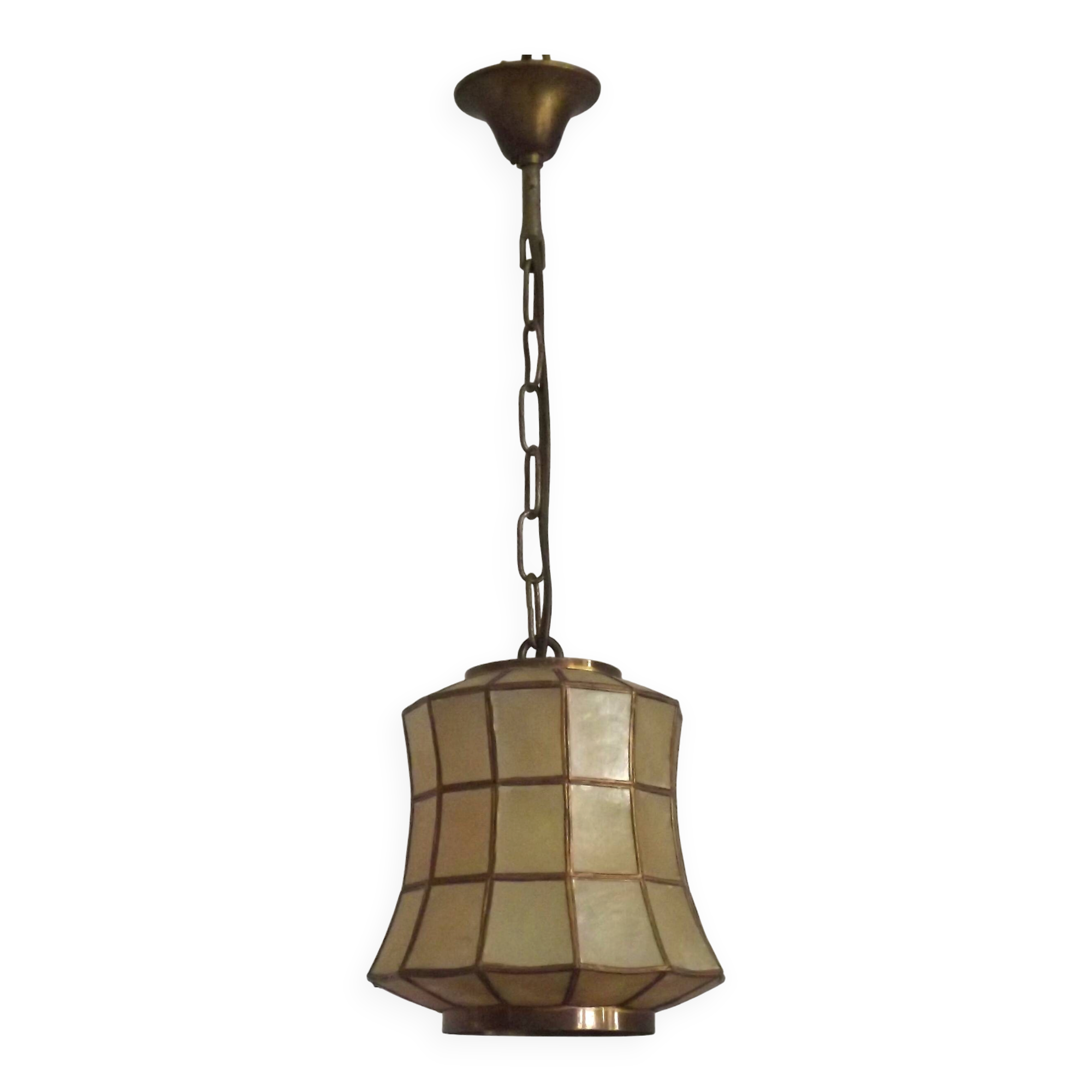 French Vintage Capiz Shell Hanging Pendant Light in Brass Metal and Copper