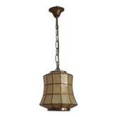 Lustre suspendu vintage en coquillage Capiz français en métal doré et cuivre
