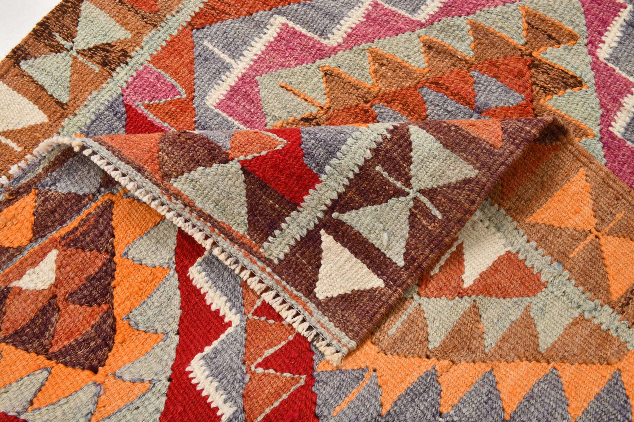 3x11 %100 Wool Geometric Multicolor Kilim Runner Rug 89x340Cm