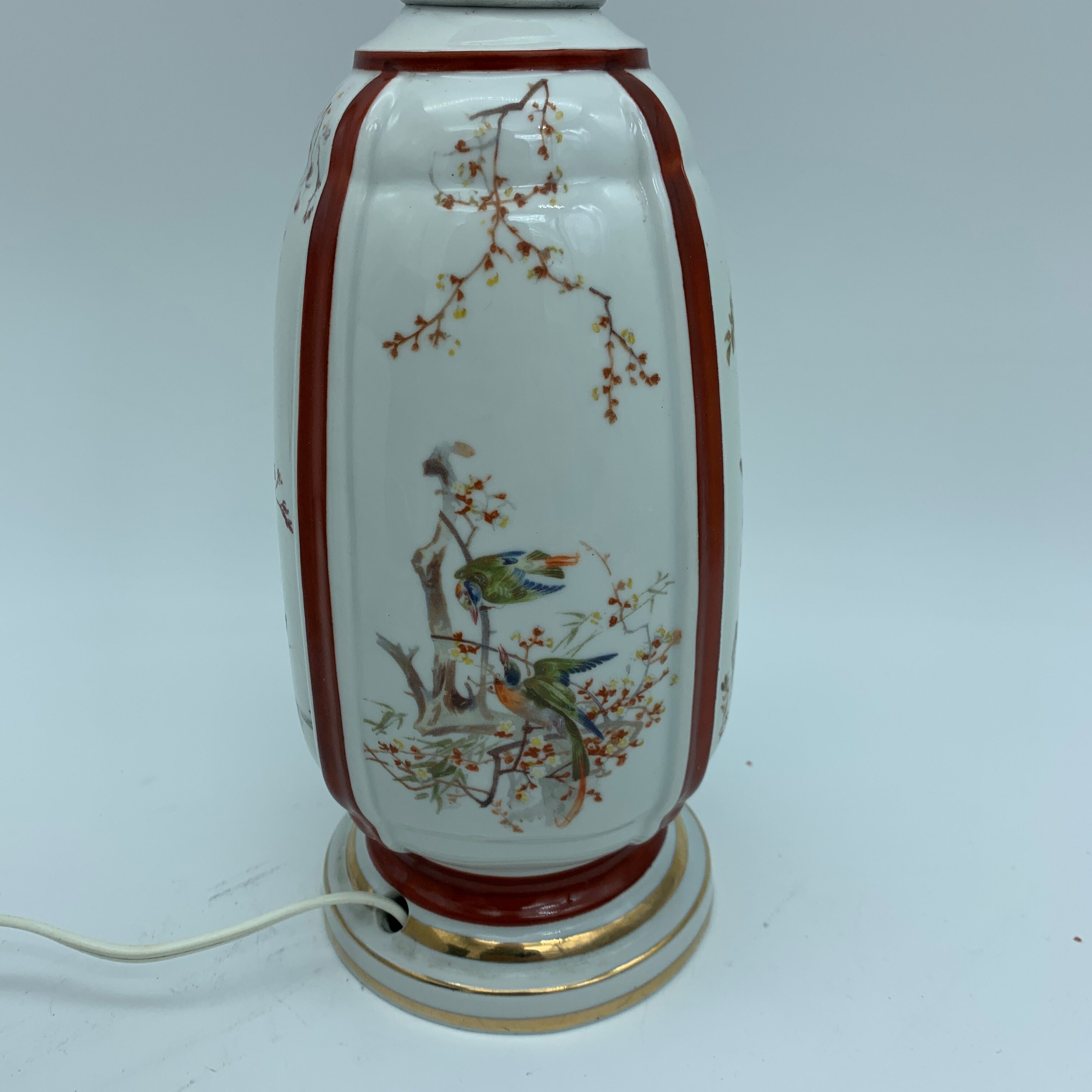 Foot antique porcelain lamp has early 20th century bird decoration (Limoges Paris?)