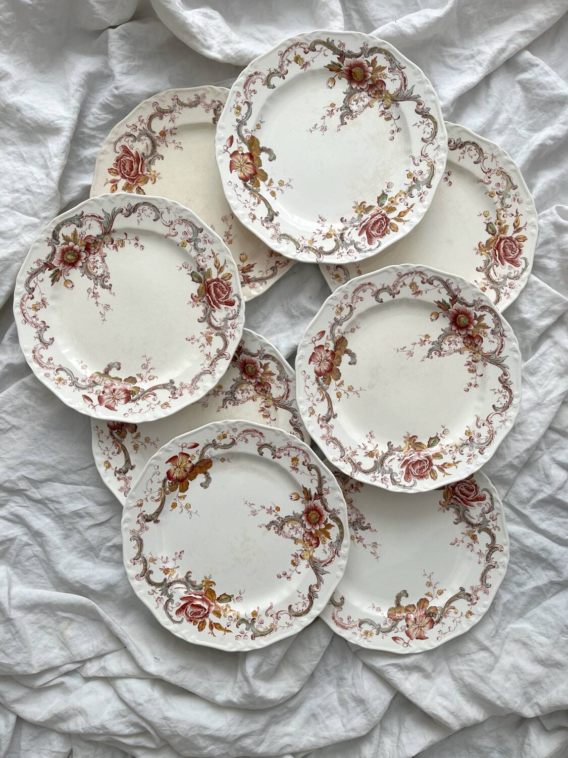 8 polychrome ironstone dinner plates "Wentworth" by Emile Bourgeois