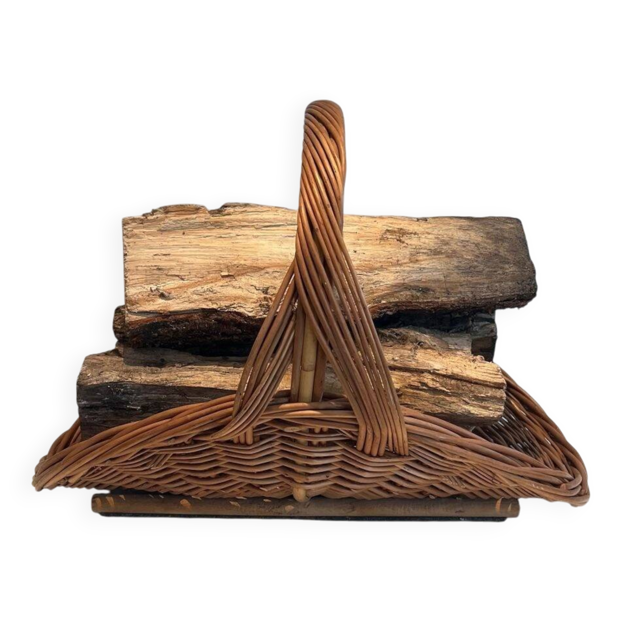Woven Rattan Log Holder in a Semi-Round Shape with a Central Arched Handle.