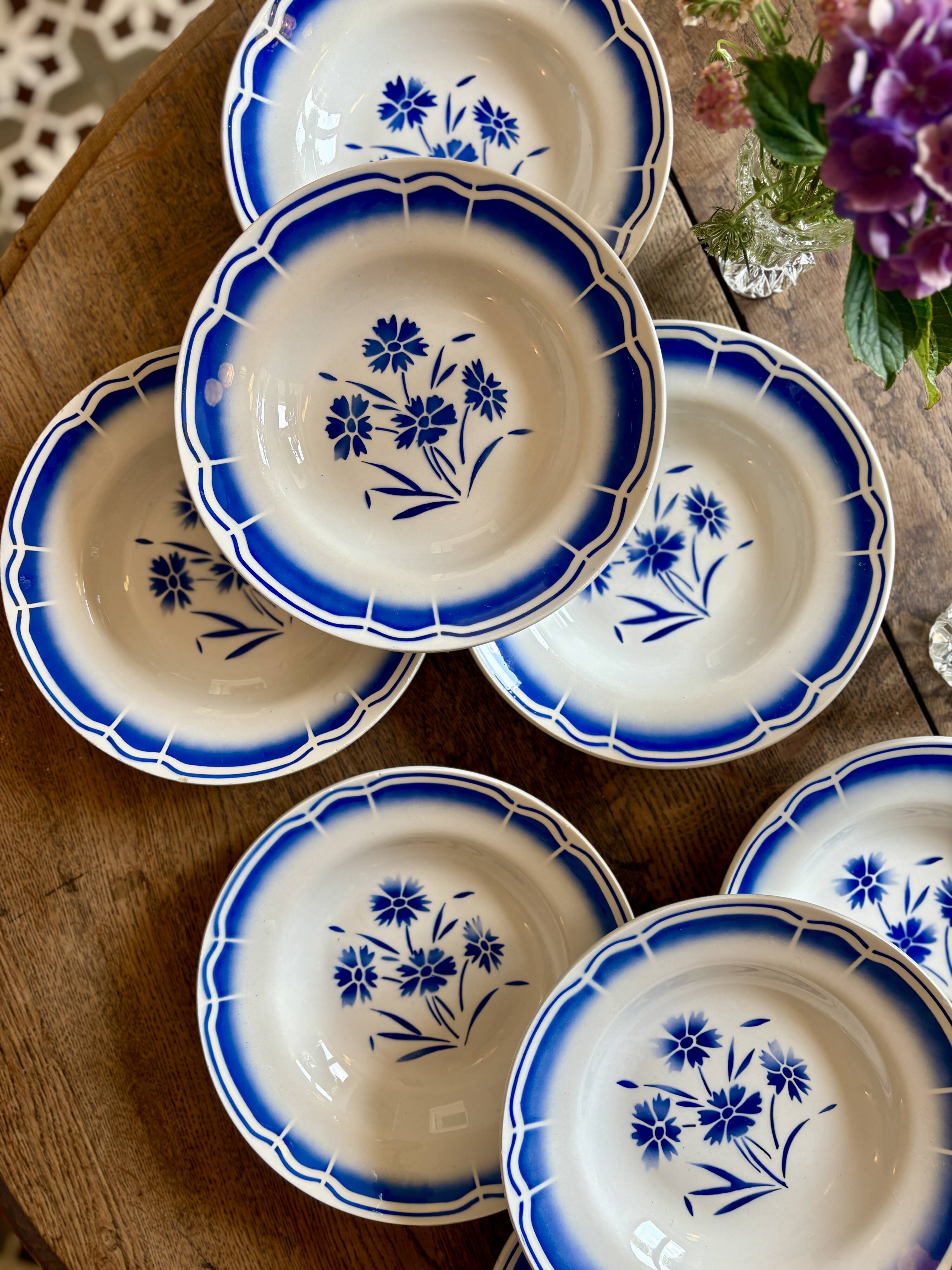 Set of 8 antique soup plates, blue flower decorations