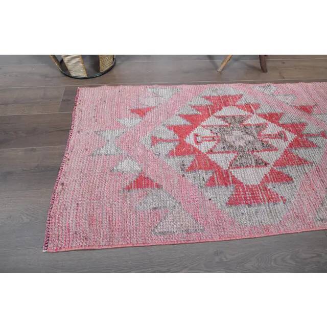 1970s Vintage Turkish Oushak Handmade Wool Cotton Pink Runner Rug 74x275
