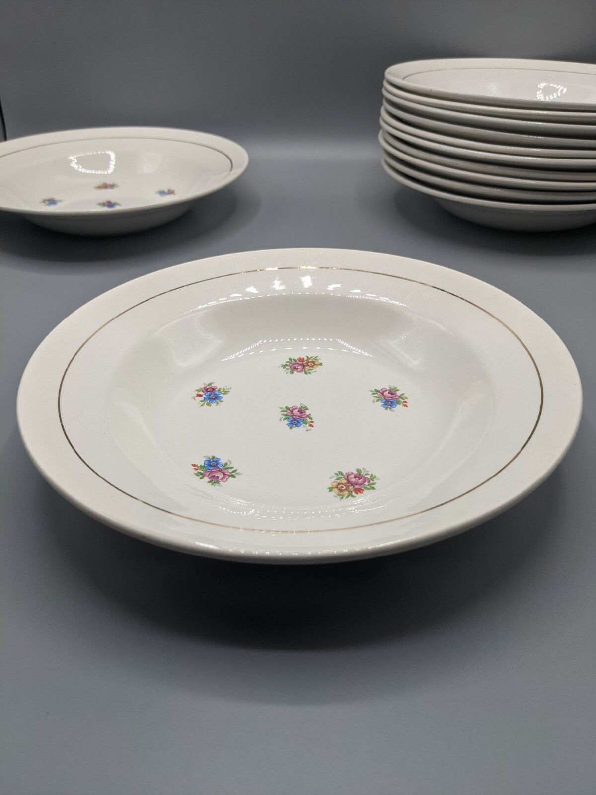 12 hollow porcelain plates, floral decoration and golden ledé - ∅: 23cm