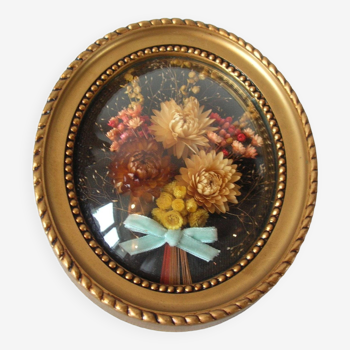 Ancien cadre bouquet de fleurs naturelles séchées verre bombé 18 cm déco rétro