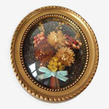 Old frame bouquet of dried natural flowers curved glass 18 cm retro decoration