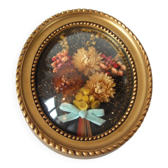 Ancien cadre bouquet de fleurs naturelles séchées verre bombé 18 cm déco rétro