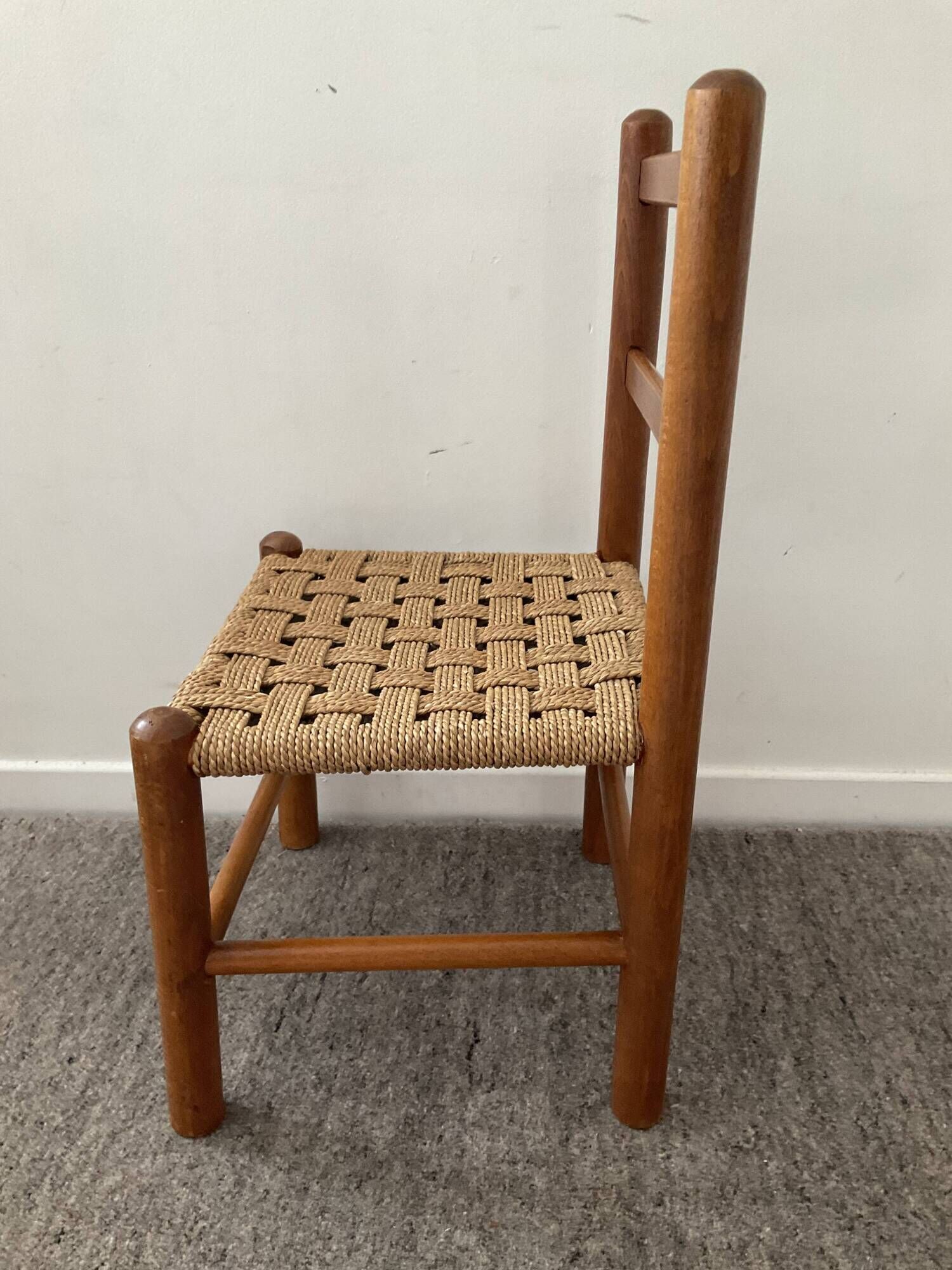 Scandinavian wooden chair and braided rope seat 70s