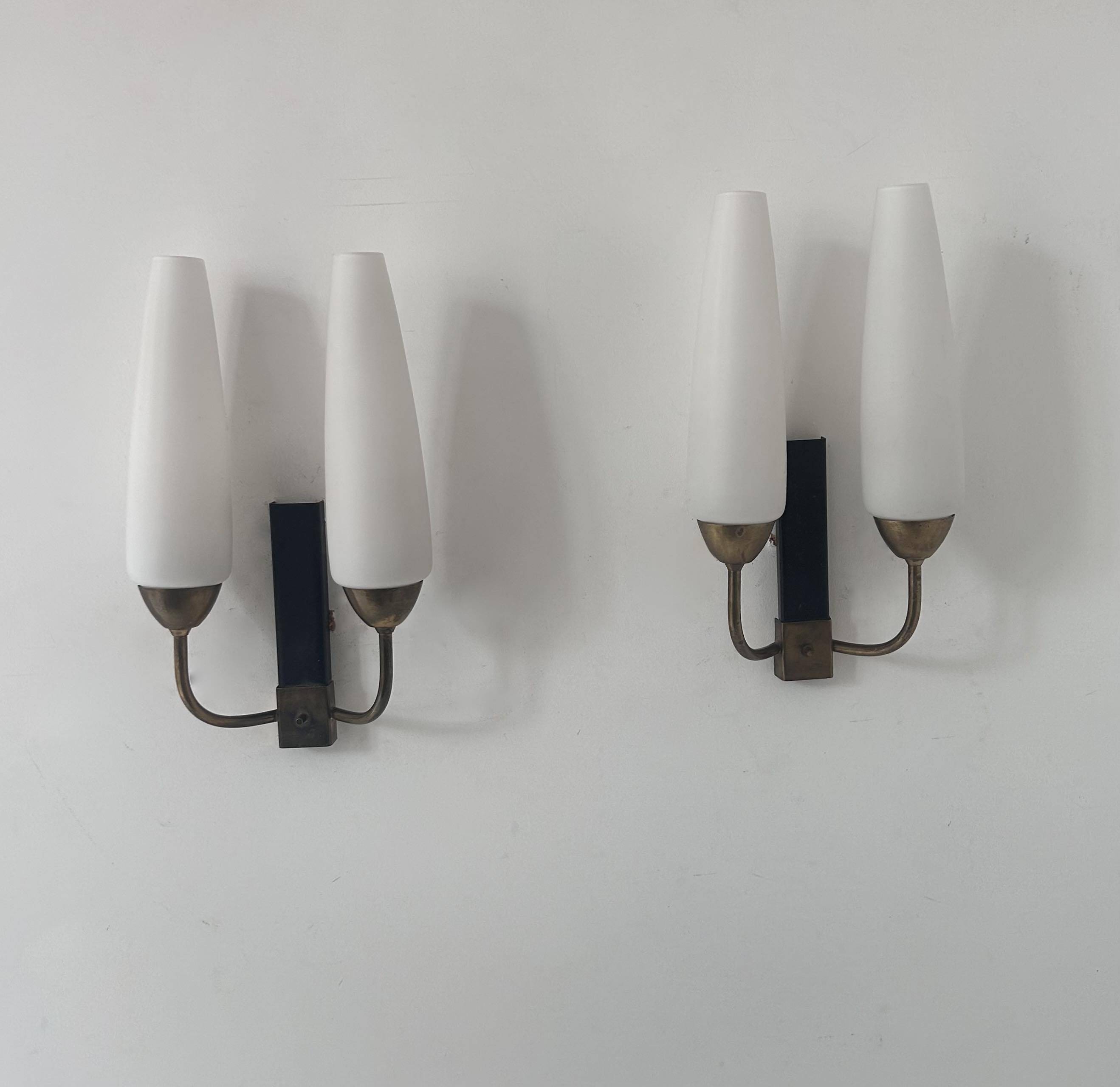 Pair of vintage double wall lights, brass and opaline, France 1950