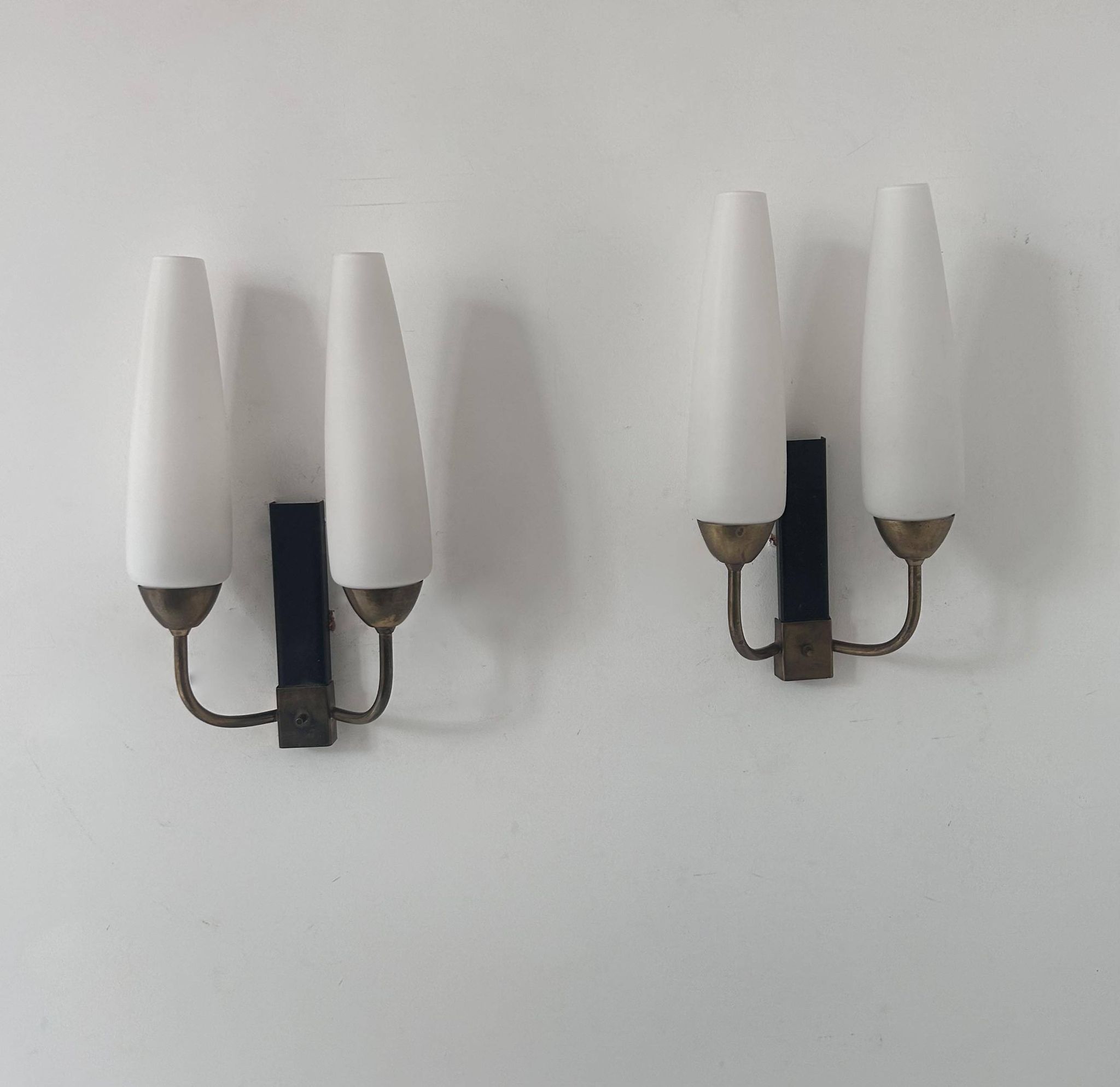 Pair of vintage double wall lights, brass and opaline, France 1950