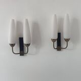 Pair of vintage double wall lights, brass and opaline, France 1950