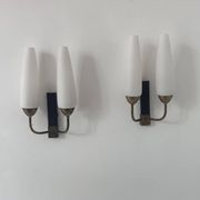Pair of vintage double wall lights, brass and opaline, France 1950