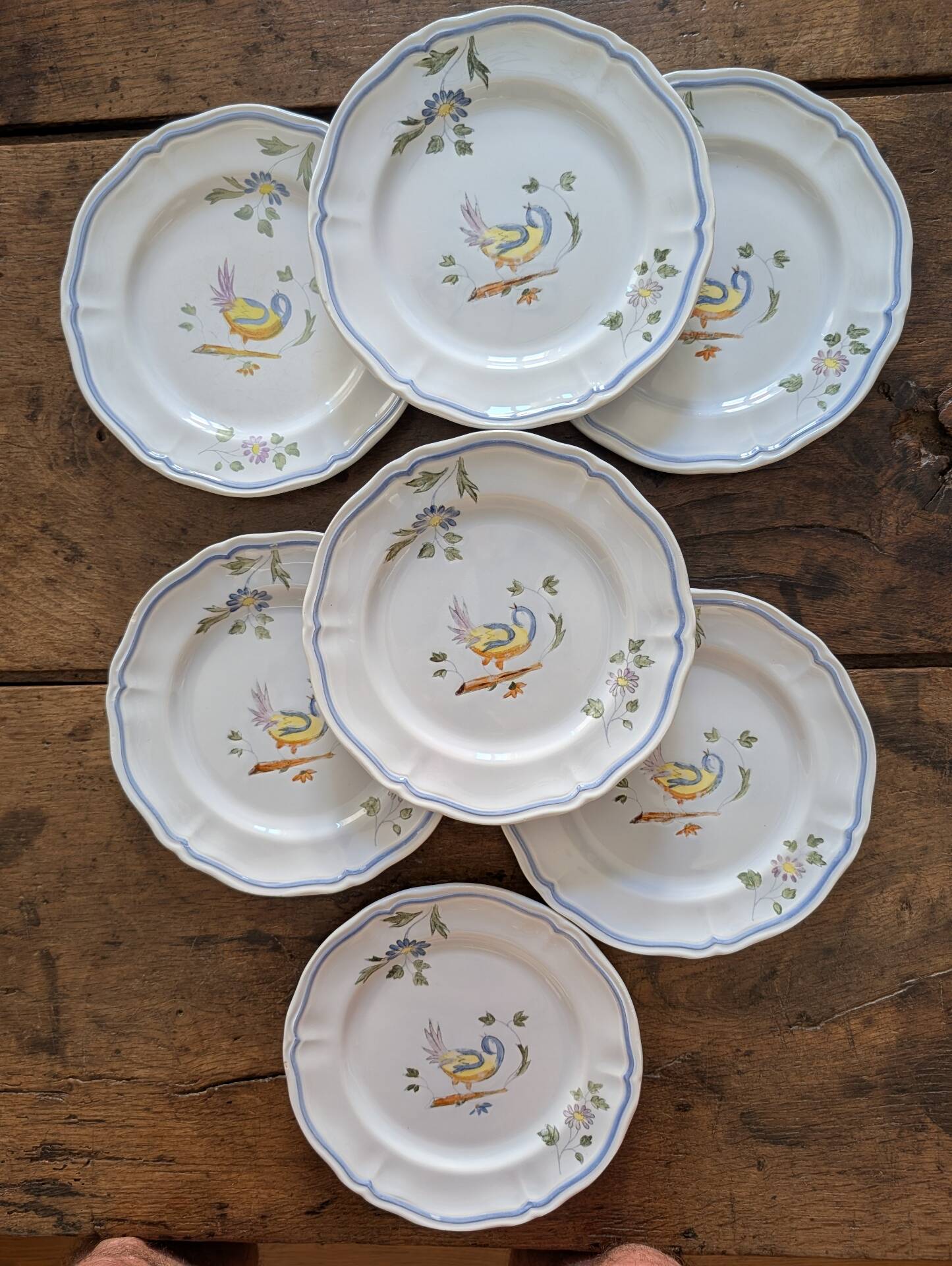 7 hand-painted earthenware dessert plates – France, 1950s