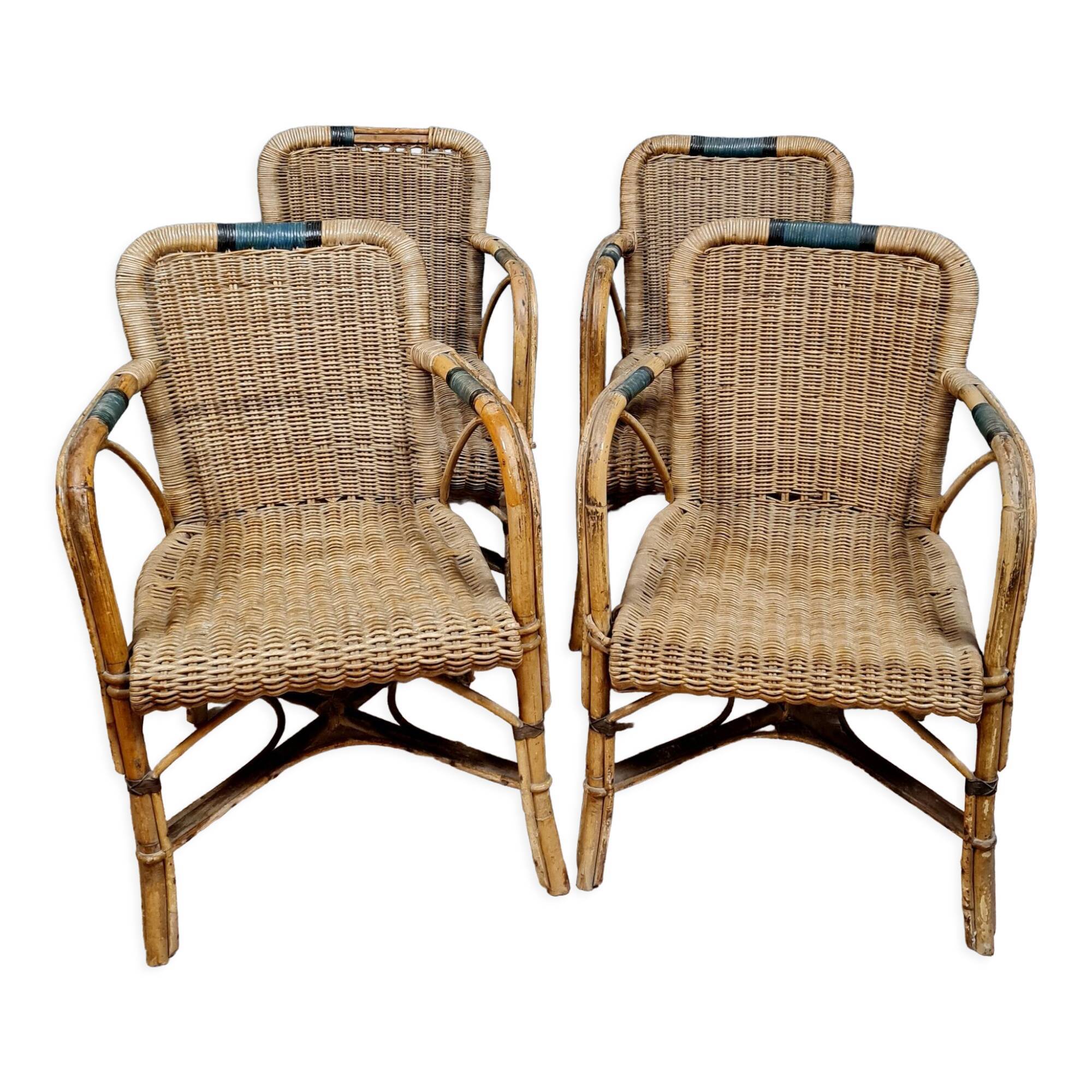 Series of 4 vintage armchairs in rattan and bamboo around 1970