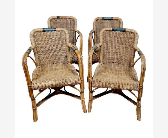 Série de 4 fauteuils Vintage en rotin et bambou vers 1970