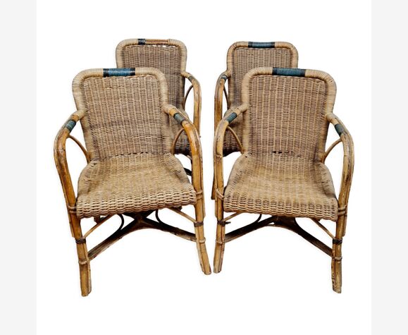 Série de 4 fauteuils Vintage en rotin et bambou vers 1970