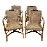 Series of 4 vintage armchairs in rattan and bamboo around 1970