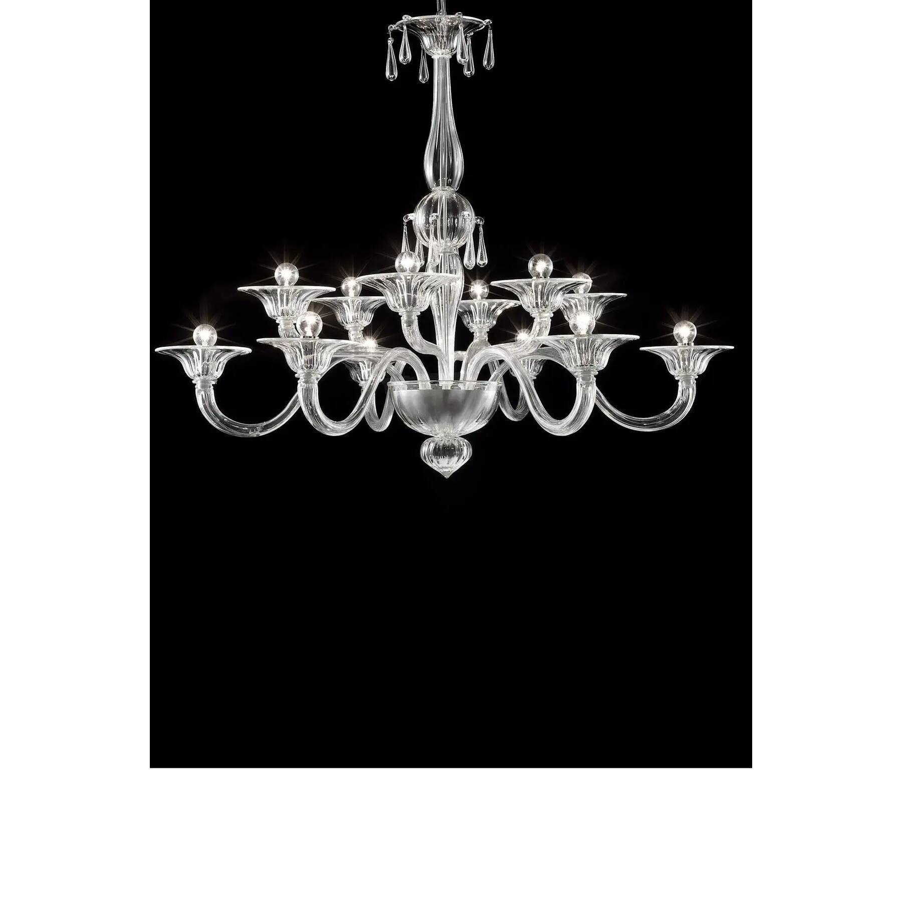 Chandelier en verre de Murano vénitien transparent élégant
