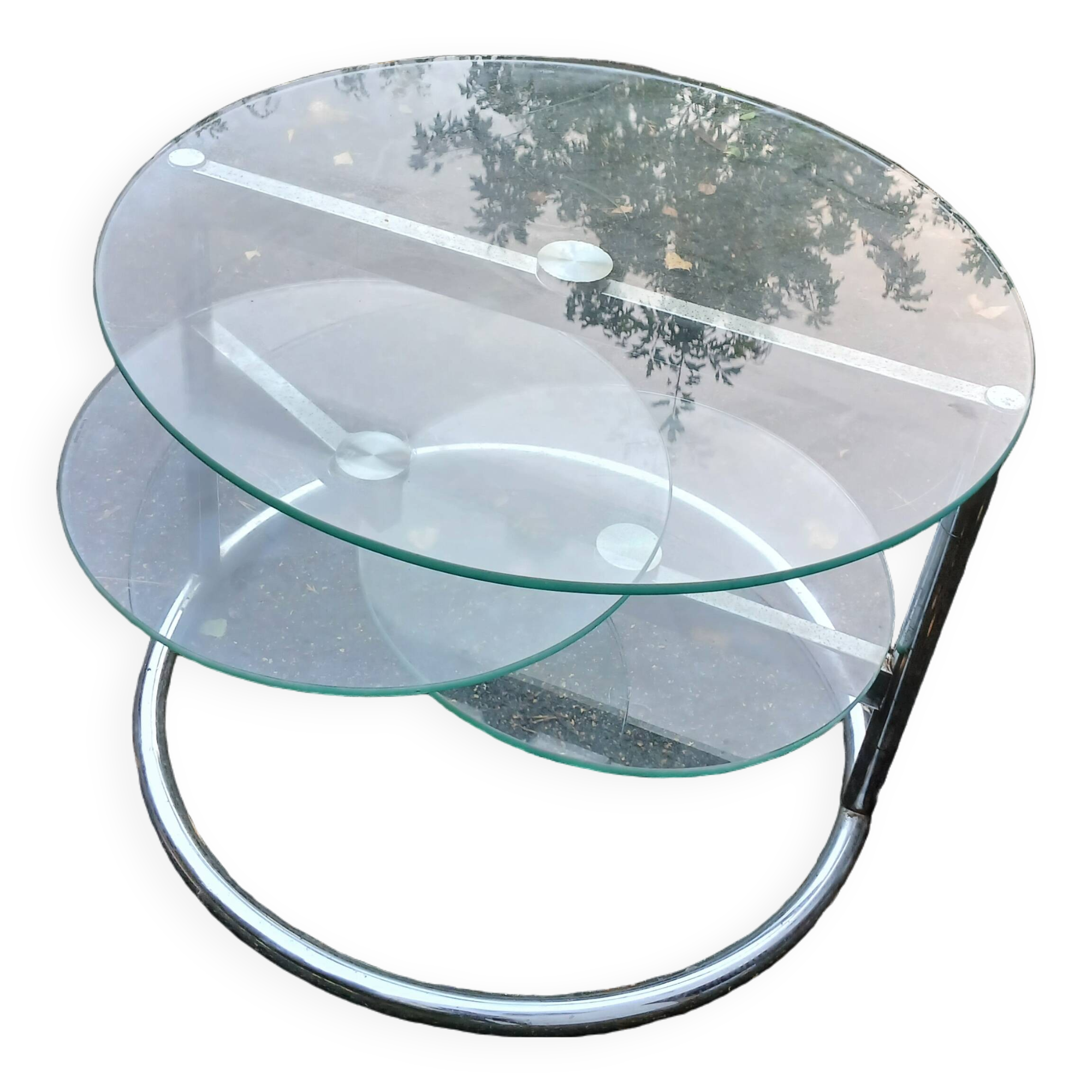 Old chrome metal coffee table with swivel tops from the 70s